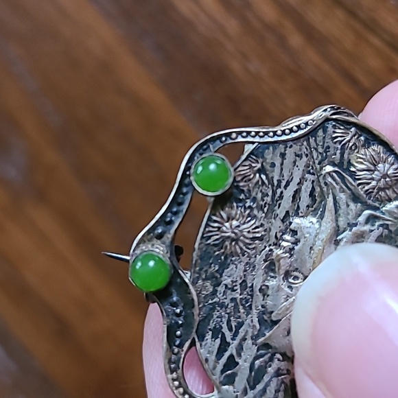 Antique Art Nouveau Brooch Silver With Green Accent - Picture 3 of 8